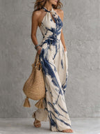 Halter Neck Ink Wash Print Wide Leg Jumpsuit With Pockets
