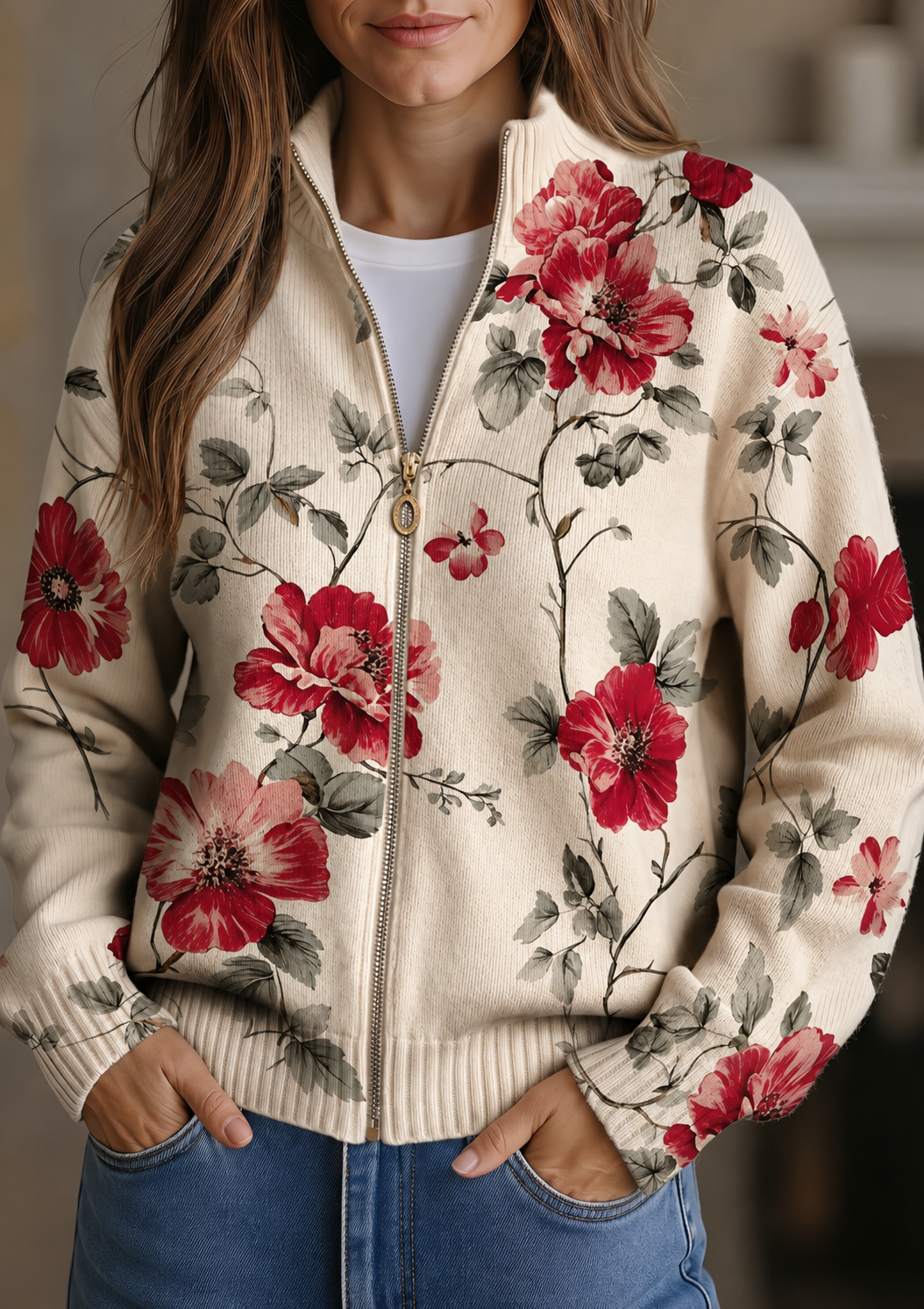 Ruby | Vintage Rose Zip Cardigan