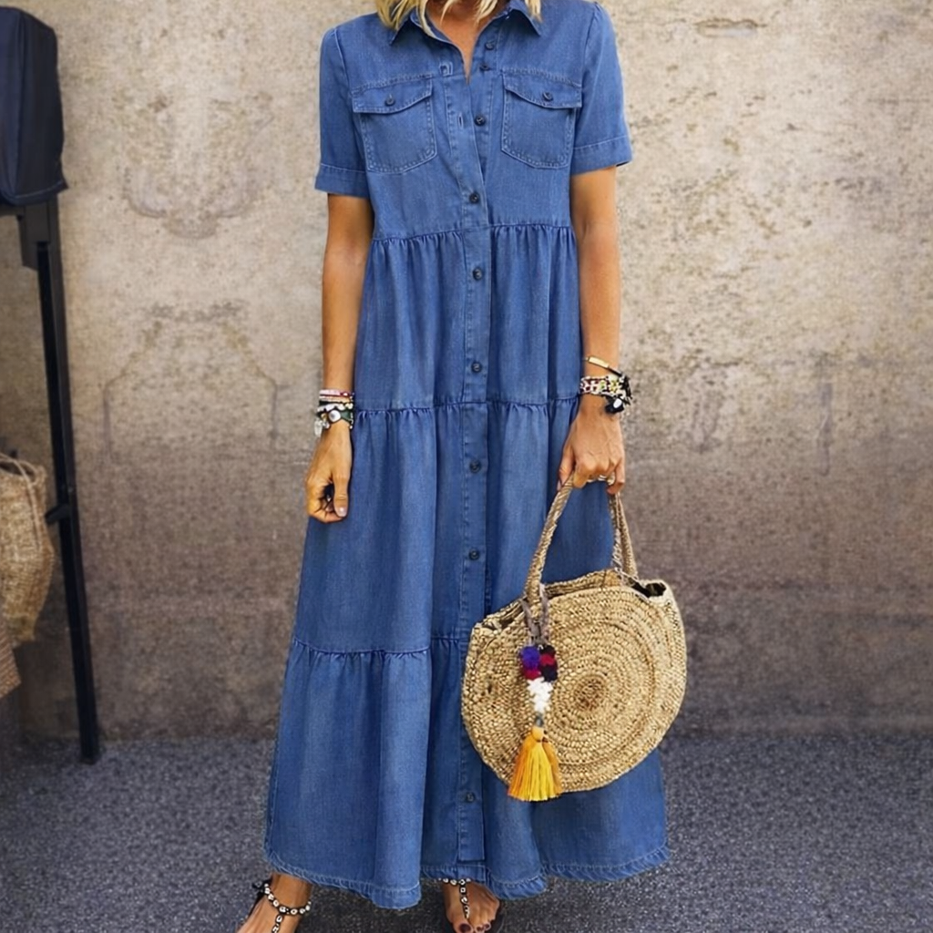 Elizabeth | Vestido maxi escalonado con botones delanteros