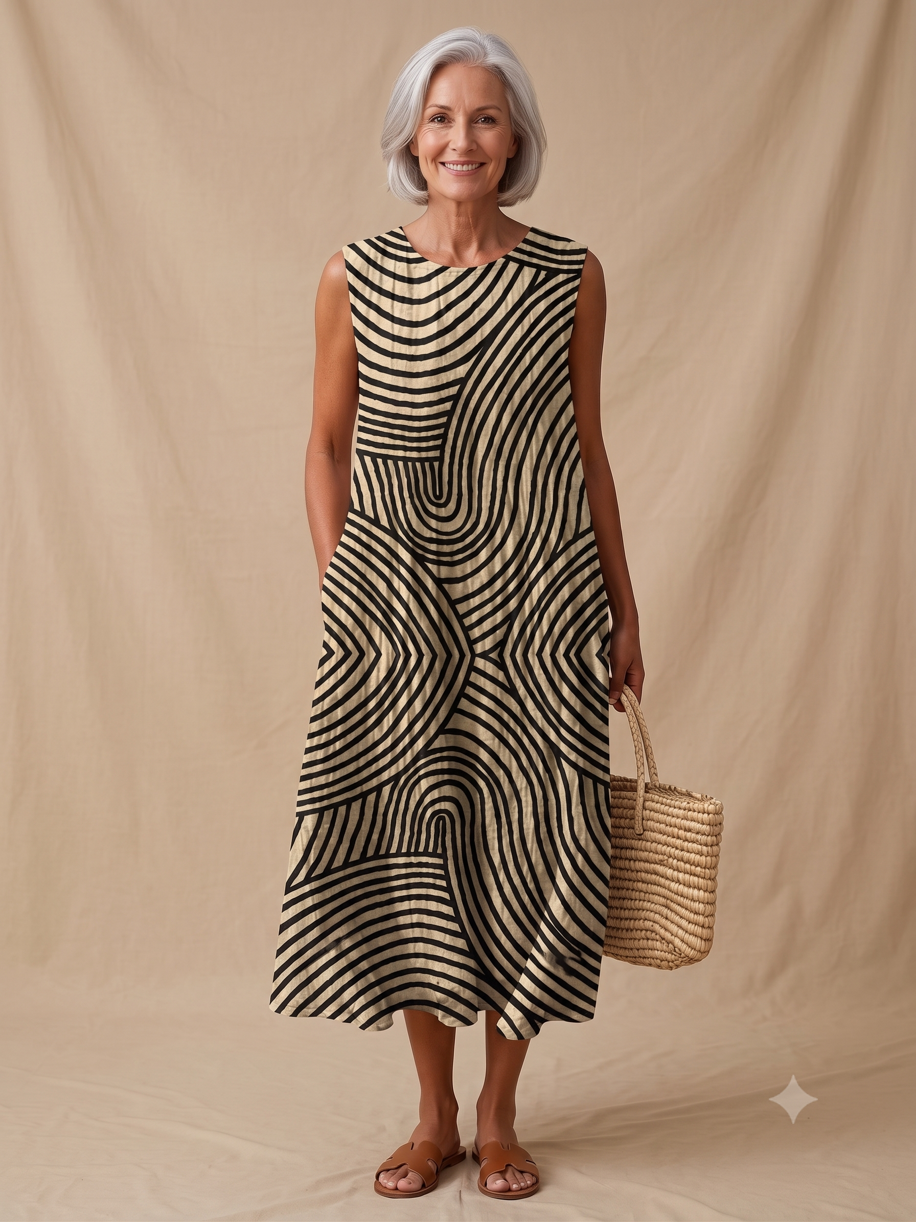 Jade - Women's Sleeveless Printed Beach Midi Dress Loose