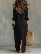 Soline™ | Loose Black Maxi Dress with Buttons