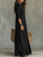 Soline™ | Loose Black Maxi Dress with Buttons