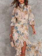 Turtleneck Floral Print Chiffon Maxi Dress