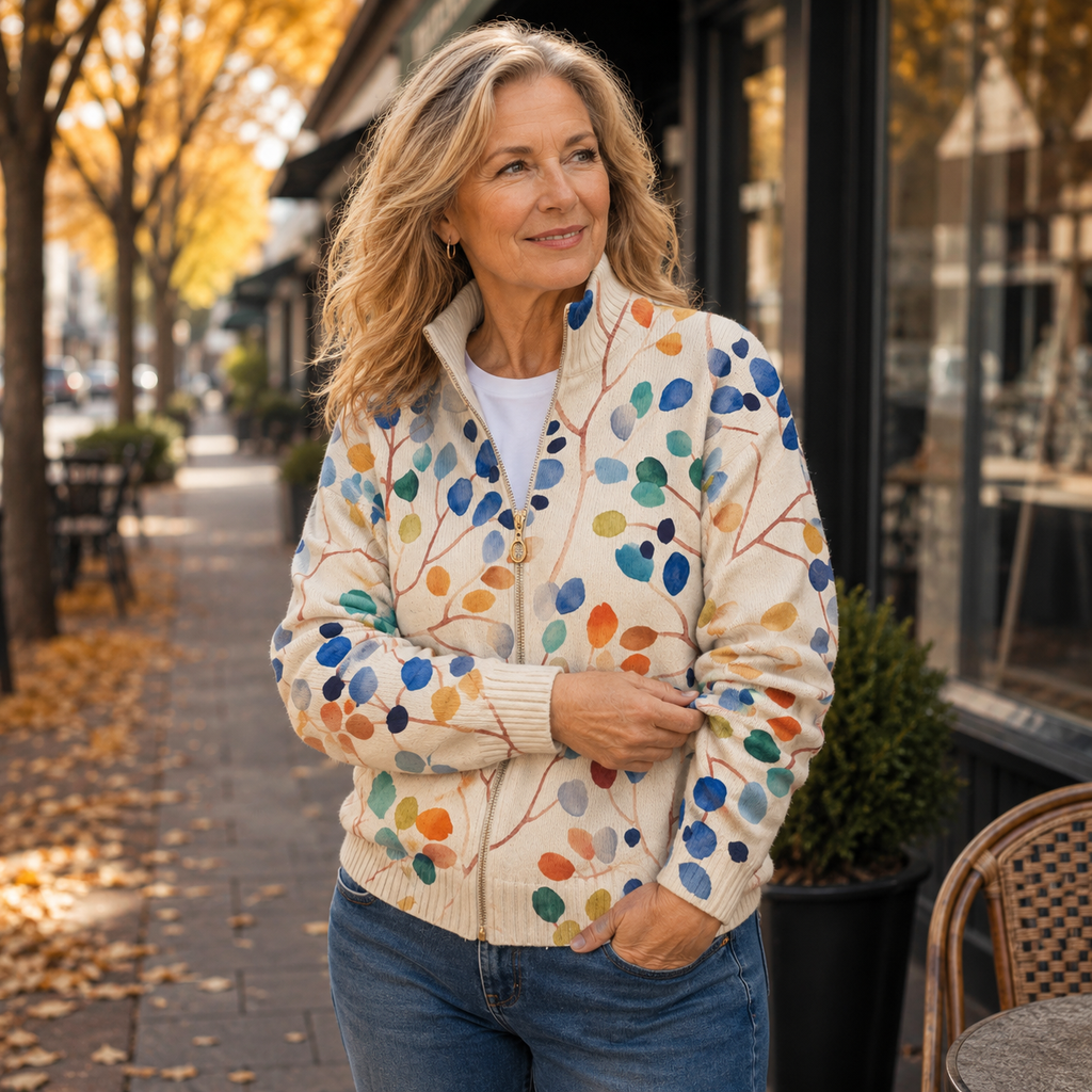 Harper | Leaf Print Zip Cardigan