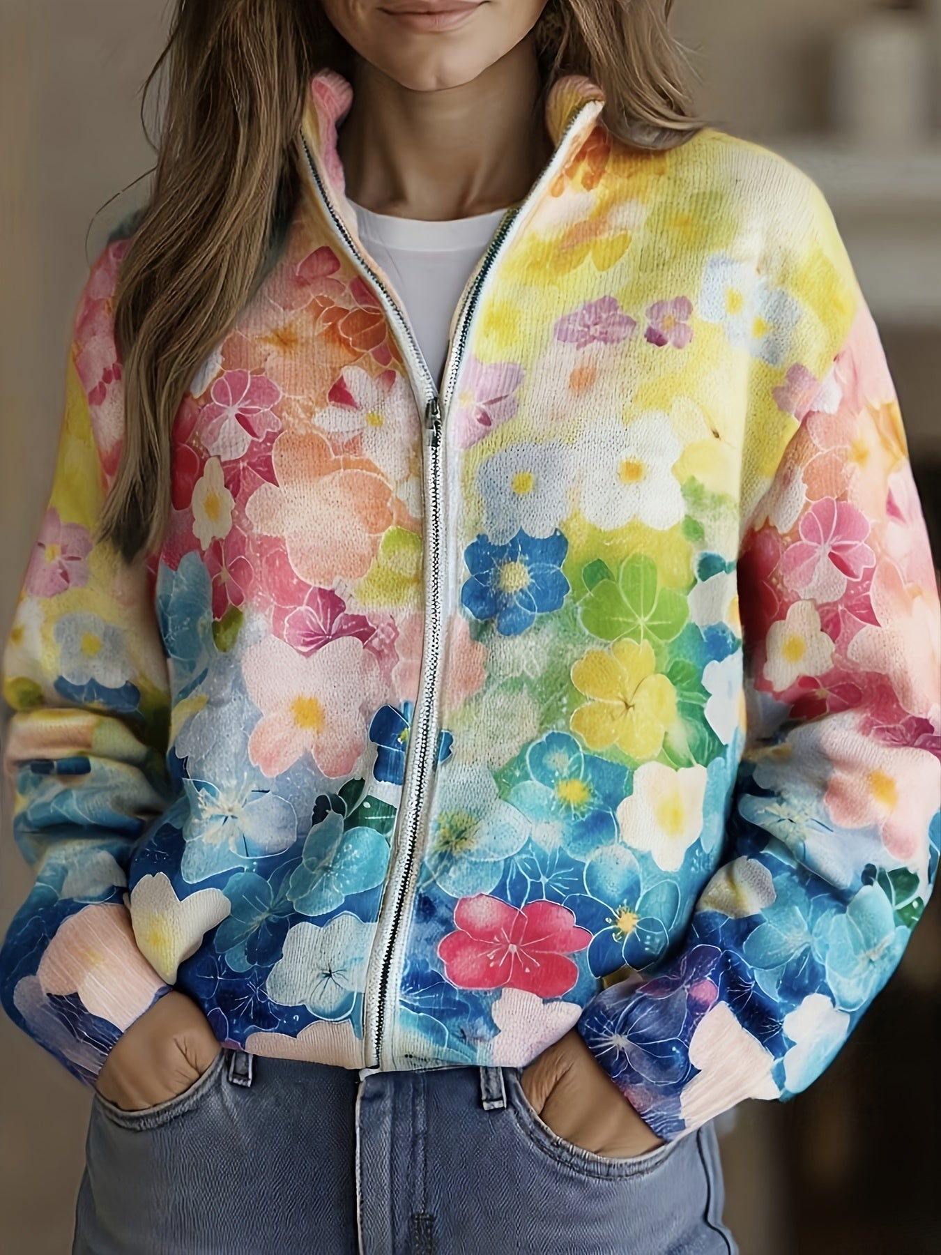Hailey | Floral Ombre Zip Cardigan