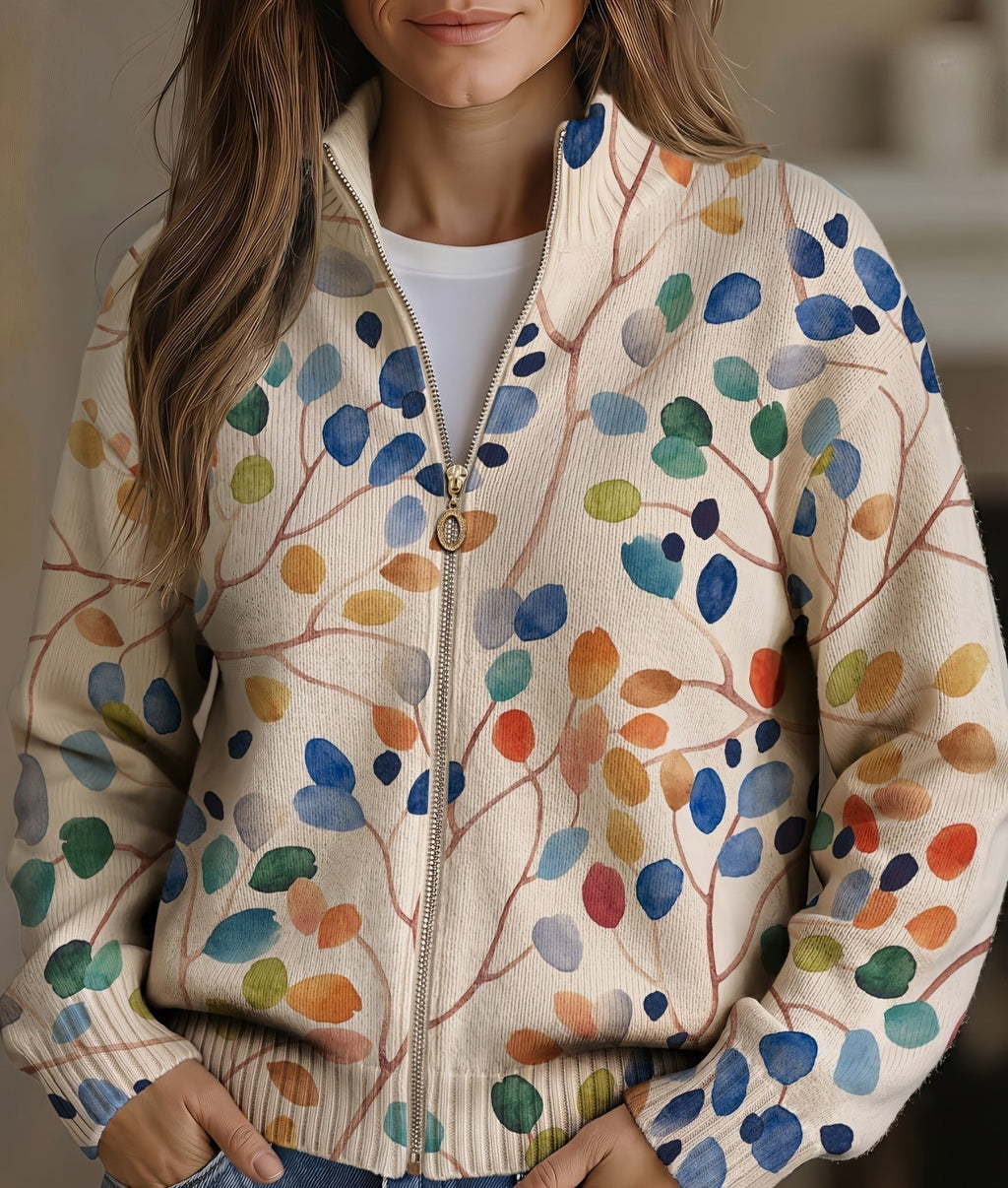 Harper | Leaf Print Zip Cardigan