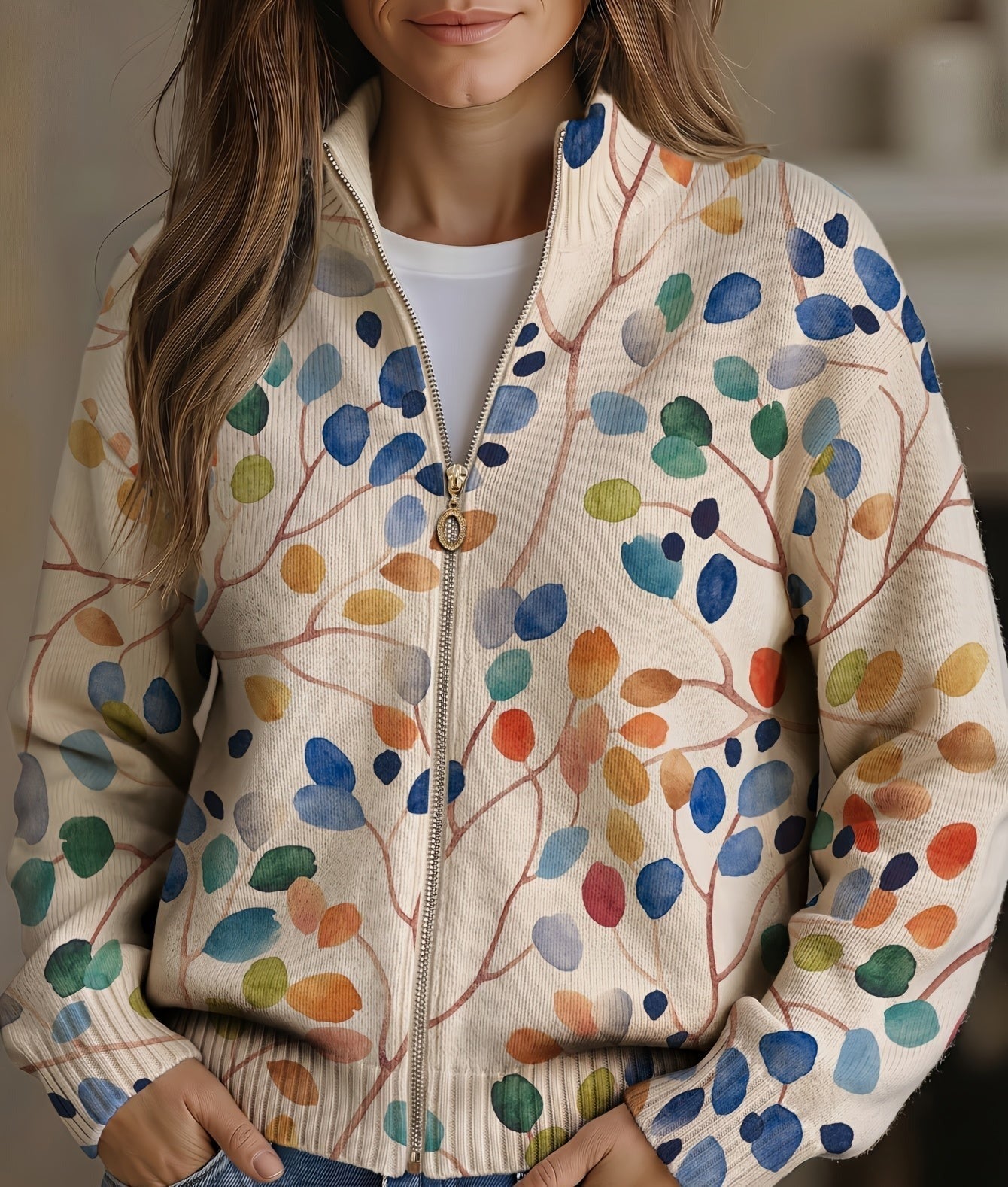 Harper | Leaf Print Zip Cardigan