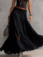 Black Sheer Lace-Paneled Top and Pleated Maxi Skirt Set